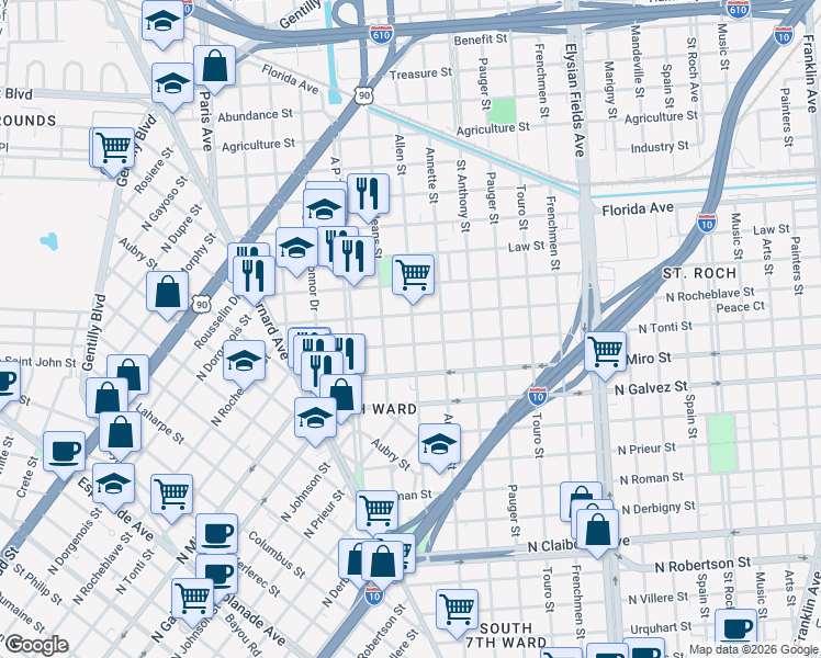 map of restaurants, bars, coffee shops, grocery stores, and more near 1949 North Tonti Street in New Orleans