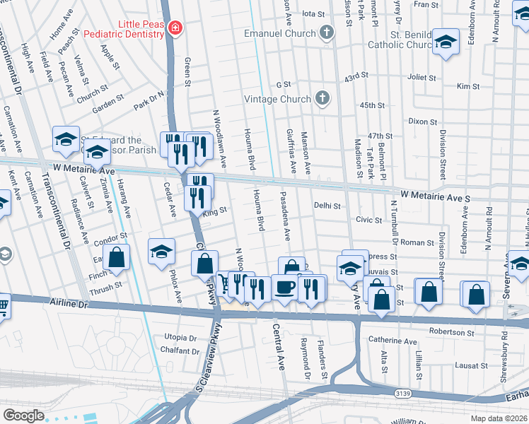 map of restaurants, bars, coffee shops, grocery stores, and more near 70 Houma Boulevard in Metairie