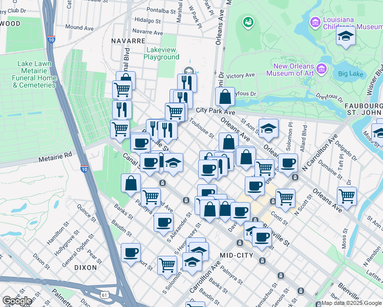 map of restaurants, bars, coffee shops, grocery stores, and more near 300 North Saint Patrick Street in New Orleans