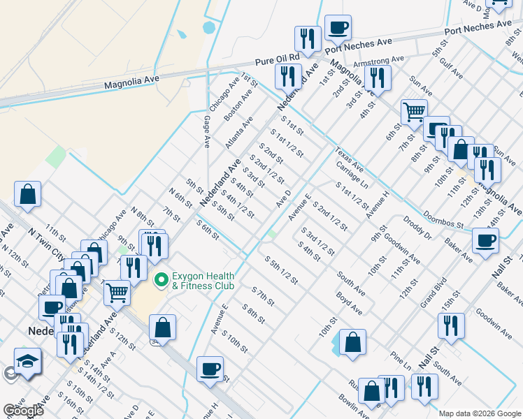 map of restaurants, bars, coffee shops, grocery stores, and more near 411 1/2 South 4th Street in Nederland