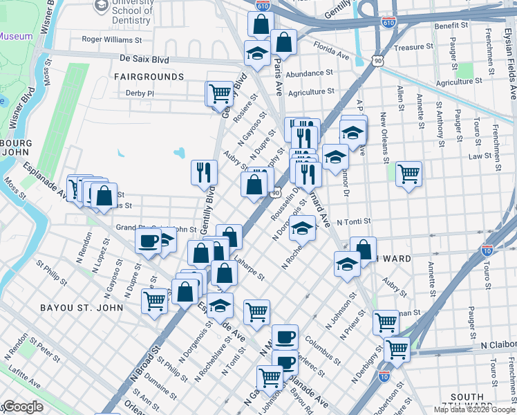 map of restaurants, bars, coffee shops, grocery stores, and more near 1677 North Broad Street in New Orleans