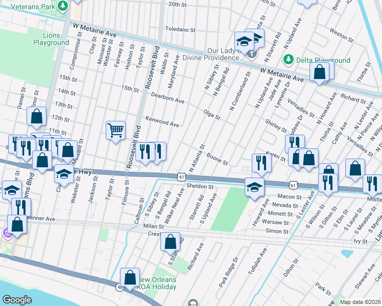 map of restaurants, bars, coffee shops, grocery stores, and more near 221 North Atlanta Street in Metairie