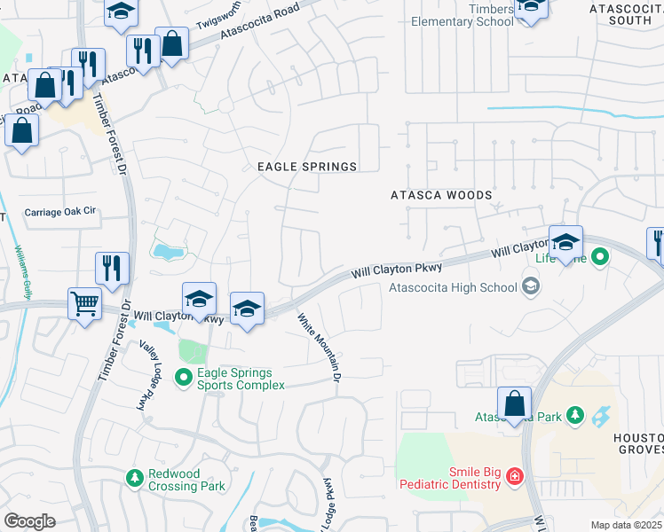 map of restaurants, bars, coffee shops, grocery stores, and more near 12801 Ribbon Meadow Court in Atascocita