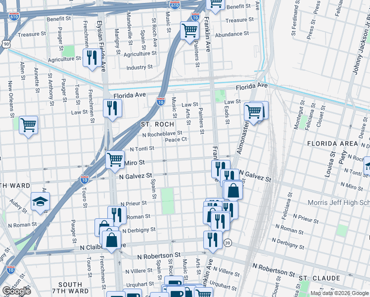 map of restaurants, bars, coffee shops, grocery stores, and more near 2222 Arts Street in New Orleans