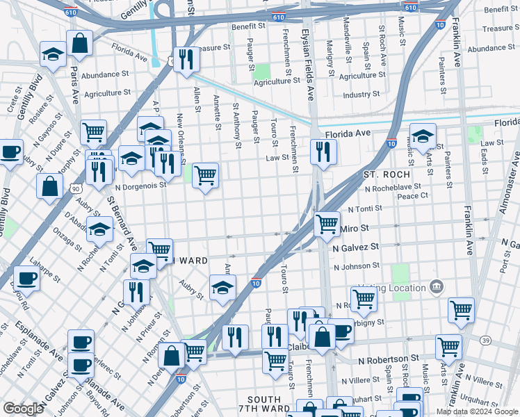 map of restaurants, bars, coffee shops, grocery stores, and more near 2075 North Tonti Street in New Orleans
