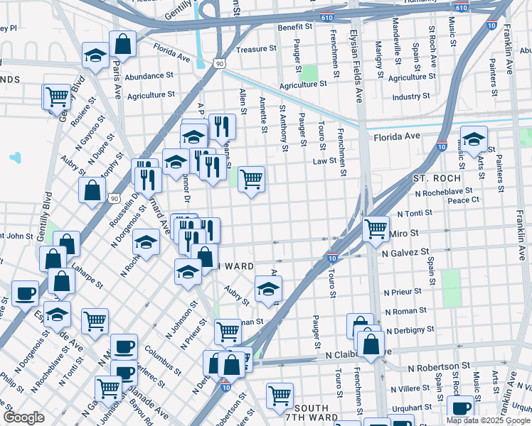 map of restaurants, bars, coffee shops, grocery stores, and more near 1949 North Tonti Street in New Orleans