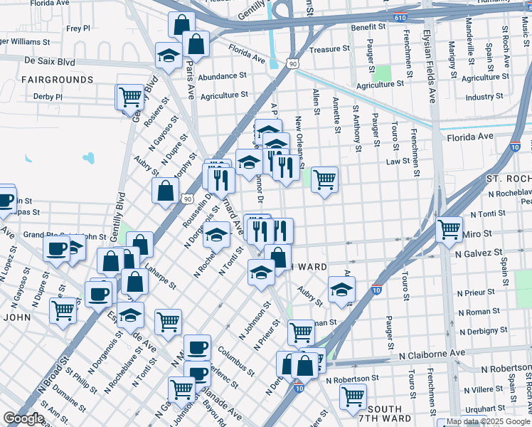 map of restaurants, bars, coffee shops, grocery stores, and more near 2318 George Nick Connor Drive in New Orleans