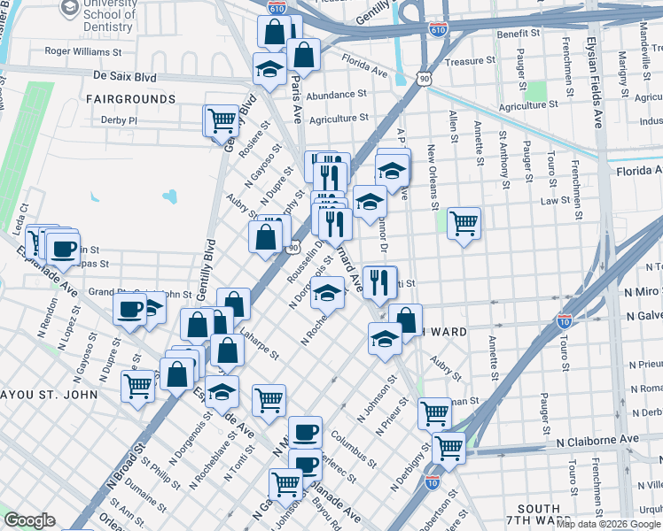 map of restaurants, bars, coffee shops, grocery stores, and more near 1728 North Dorgenois Street in New Orleans