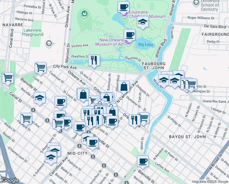 map of restaurants, bars, coffee shops, grocery stores, and more near 804 Solomon Place in New Orleans