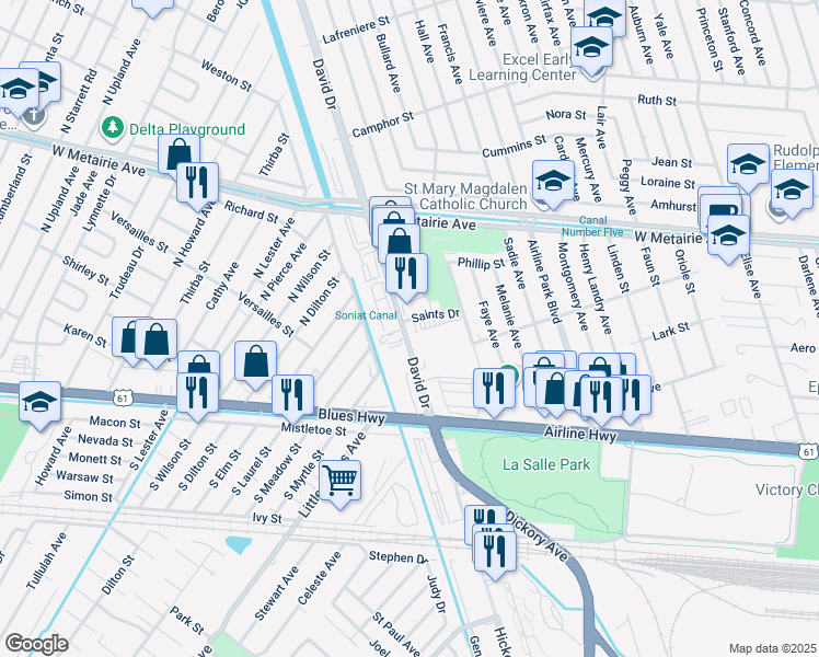 map of restaurants, bars, coffee shops, grocery stores, and more near 319 David Drive in Metairie