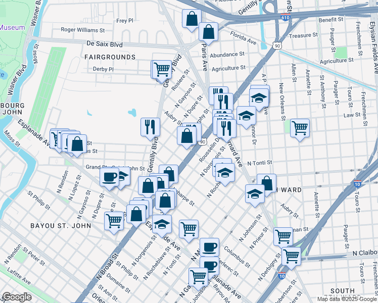map of restaurants, bars, coffee shops, grocery stores, and more near 1679 North Broad Street in New Orleans