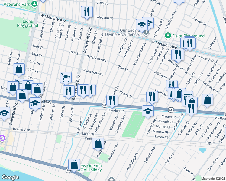 map of restaurants, bars, coffee shops, grocery stores, and more near 221 North Atlanta Street in Metairie