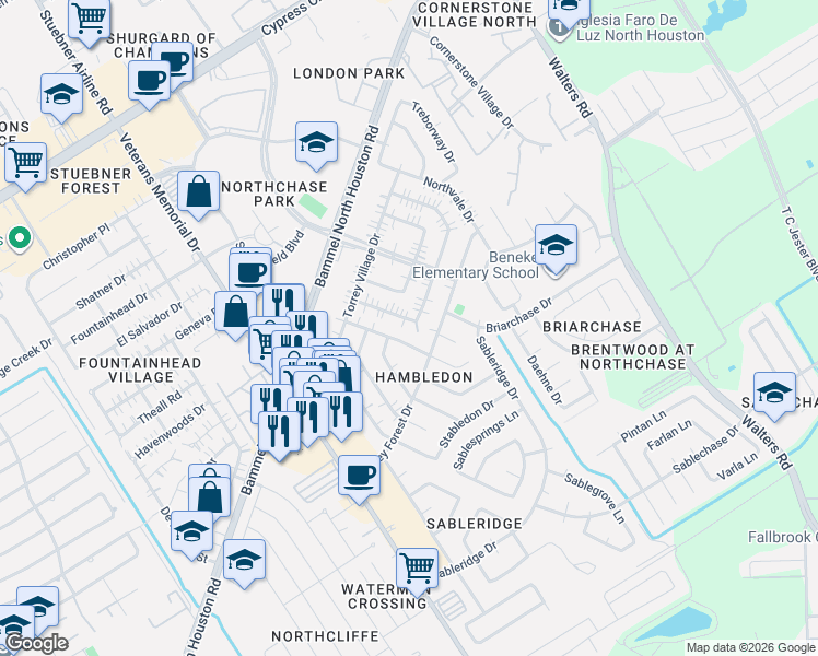 map of restaurants, bars, coffee shops, grocery stores, and more near 4222 Tasselwood Lane in Houston
