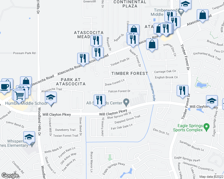 map of restaurants, bars, coffee shops, grocery stores, and more near 4819 Falcon Forest Drive in Humble