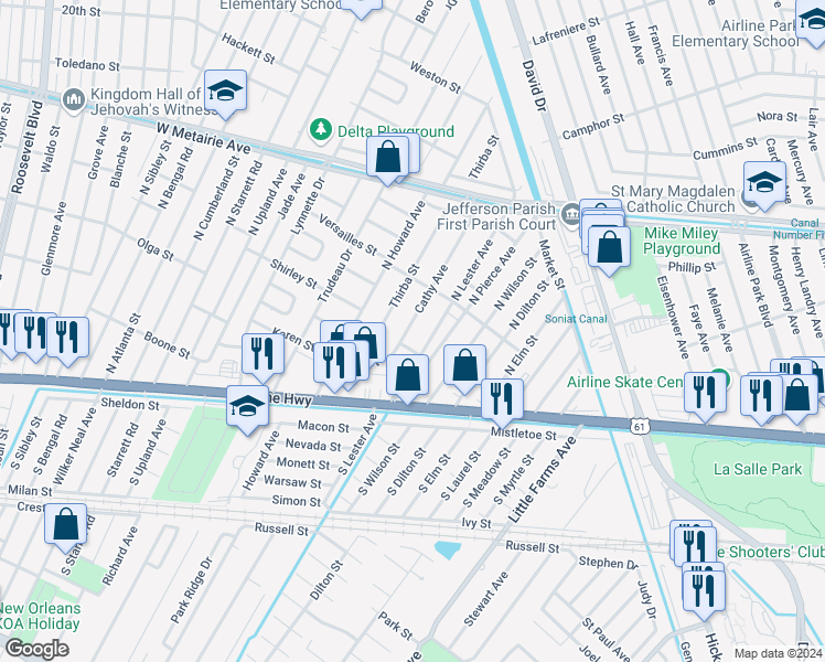 map of restaurants, bars, coffee shops, grocery stores, and more near 701 North Wilson Street in Metairie