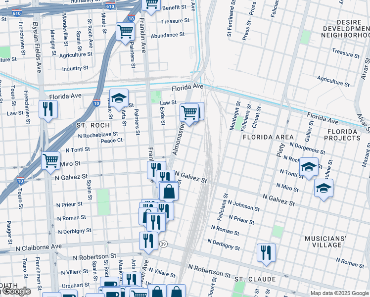 map of restaurants, bars, coffee shops, grocery stores, and more near 2224 Saint Ferdinand Street in New Orleans