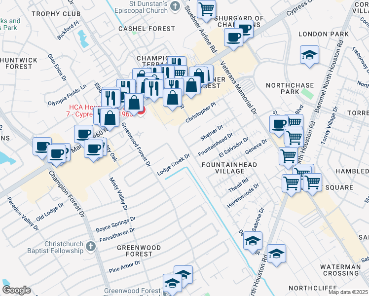 map of restaurants, bars, coffee shops, grocery stores, and more near 12710 Gaylawood Drive in Houston