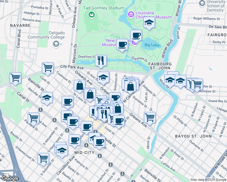 map of restaurants, bars, coffee shops, grocery stores, and more near 803 Solomon Place in New Orleans