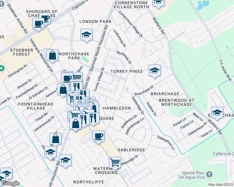 map of restaurants, bars, coffee shops, grocery stores, and more near 4222 Tasselwood Lane in Houston