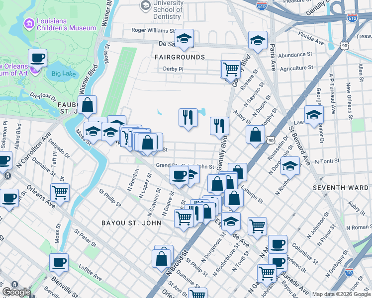 map of restaurants, bars, coffee shops, grocery stores, and more near in New Orleans