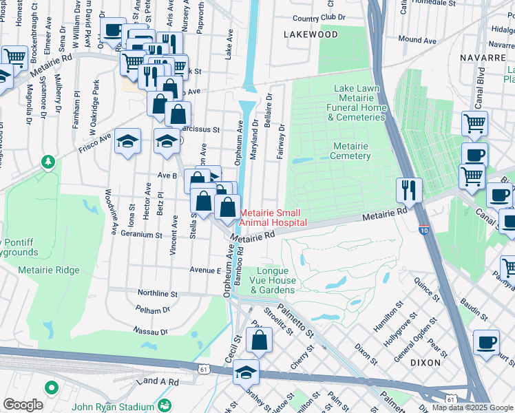 map of restaurants, bars, coffee shops, grocery stores, and more near 115 Bellaire Drive in New Orleans