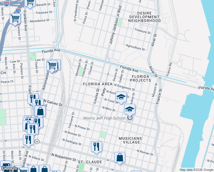 map of restaurants, bars, coffee shops, grocery stores, and more near 2401 Piety Street in New Orleans