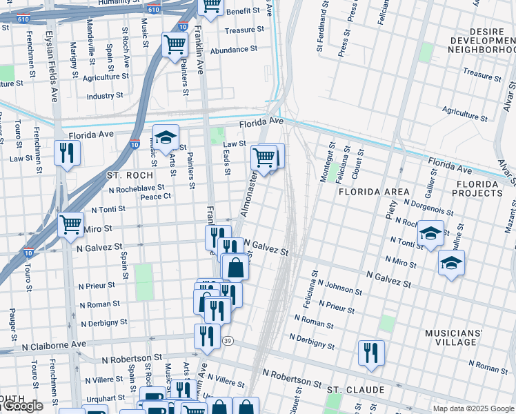 map of restaurants, bars, coffee shops, grocery stores, and more near 2224 Saint Ferdinand Street in New Orleans