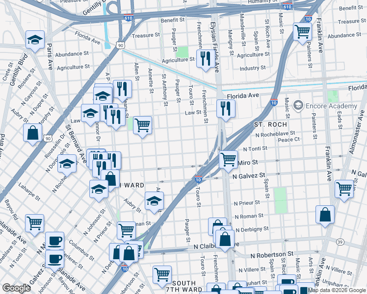 map of restaurants, bars, coffee shops, grocery stores, and more near 2075 North Tonti Street in New Orleans