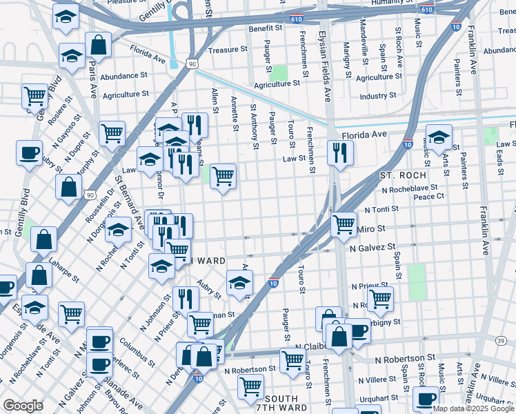 map of restaurants, bars, coffee shops, grocery stores, and more near 2023 North Tonti Street in New Orleans