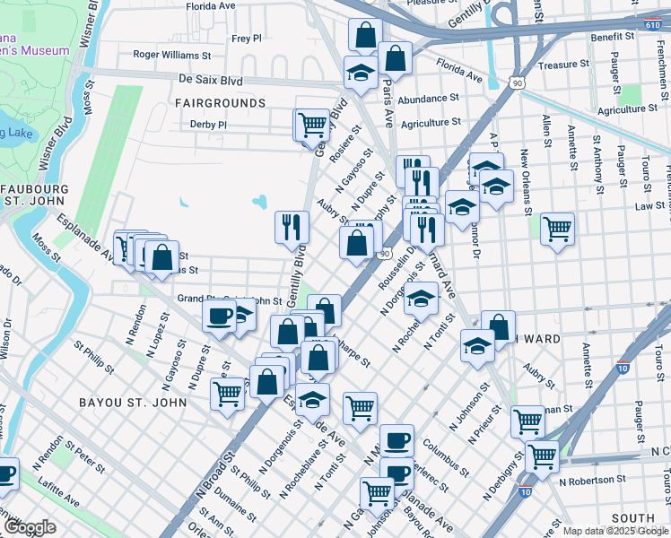 map of restaurants, bars, coffee shops, grocery stores, and more near 2617 Onzaga Street in New Orleans