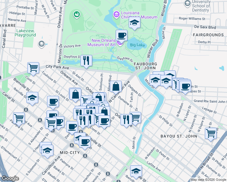 map of restaurants, bars, coffee shops, grocery stores, and more near 835 North Carrollton Avenue in New Orleans