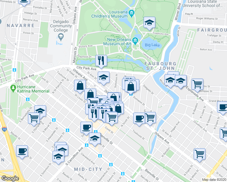 map of restaurants, bars, coffee shops, grocery stores, and more near 804 Solomon Place in New Orleans