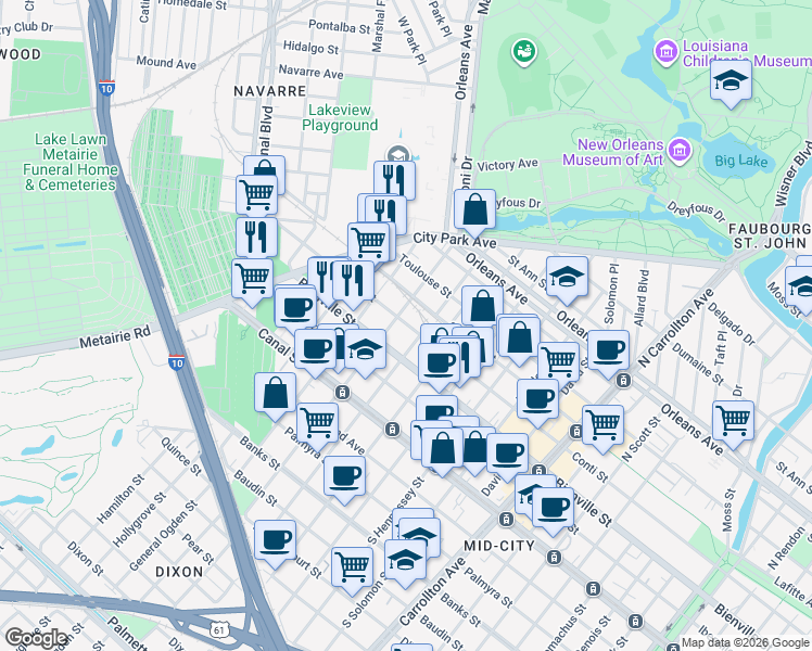 map of restaurants, bars, coffee shops, grocery stores, and more near 300 North Saint Patrick Street in New Orleans