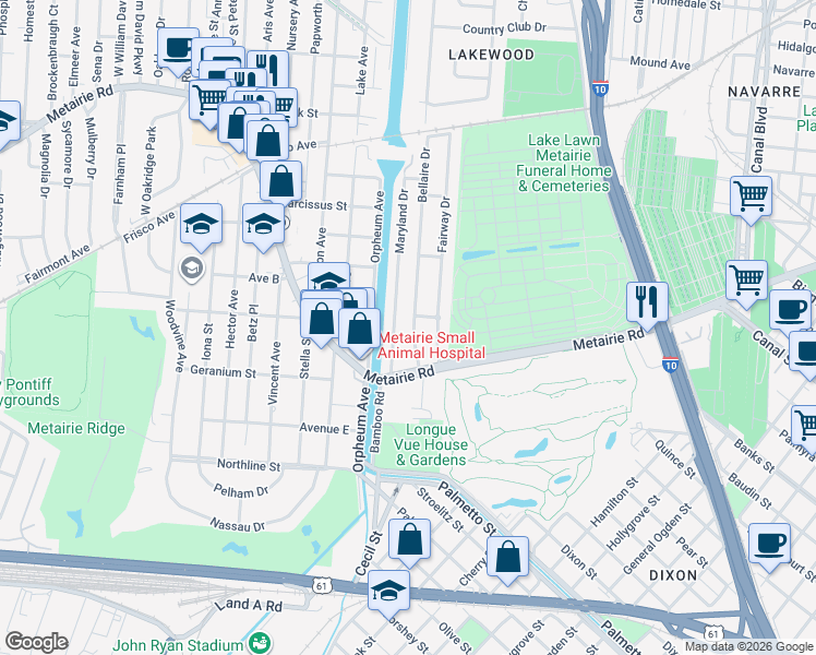 map of restaurants, bars, coffee shops, grocery stores, and more near 115 Bellaire Drive in New Orleans