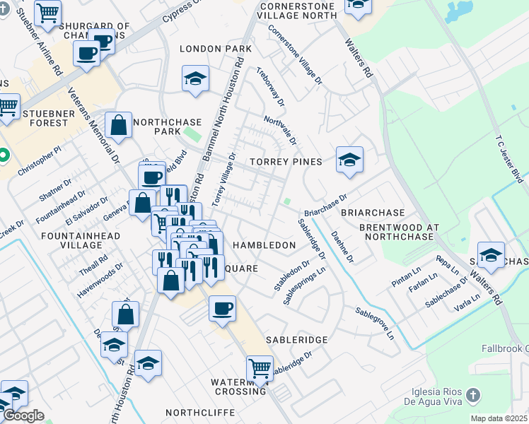 map of restaurants, bars, coffee shops, grocery stores, and more near 4222 Tasselwood Lane in Houston