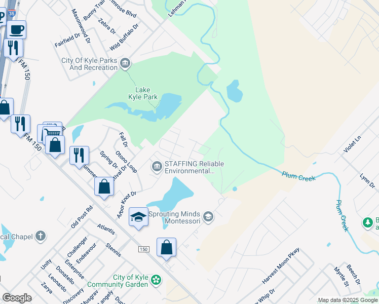 map of restaurants, bars, coffee shops, grocery stores, and more near 540 Ferrule Drive in Kyle