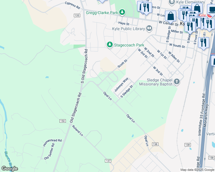map of restaurants, bars, coffee shops, grocery stores, and more near 740 Opal Lane in Kyle
