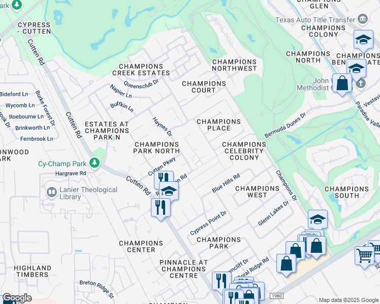 map of restaurants, bars, coffee shops, grocery stores, and more near 6700 Richardson Road in Houston