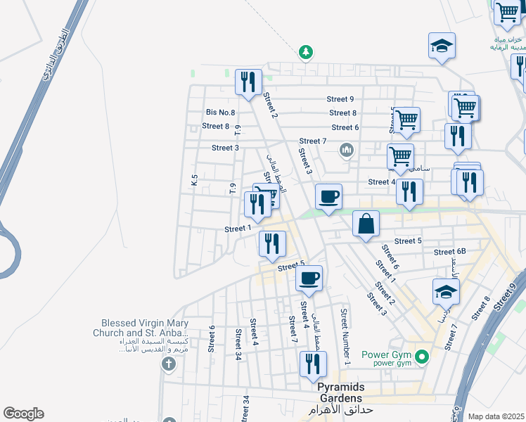 map of restaurants, bars, coffee shops, grocery stores, and more near Street 1 in Al Haram