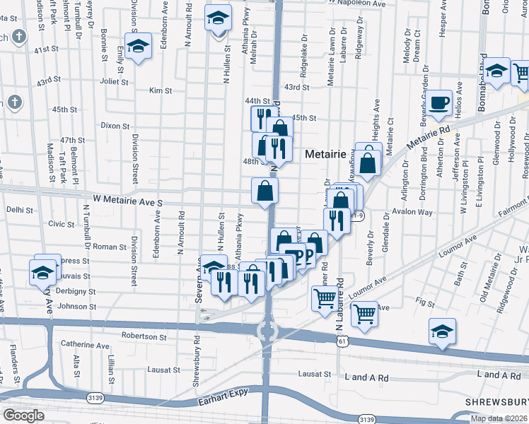 map of restaurants, bars, coffee shops, grocery stores, and more near in Metairie