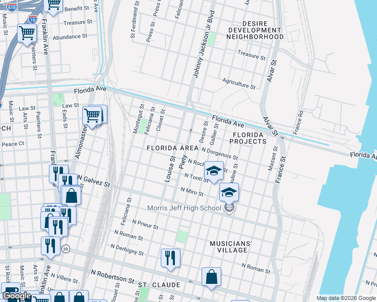 map of restaurants, bars, coffee shops, grocery stores, and more near 2401 Piety Street in New Orleans