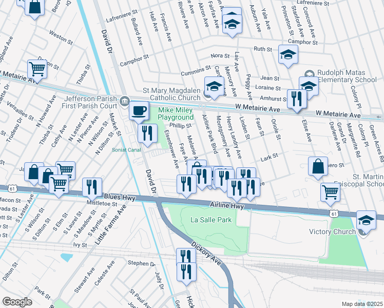 map of restaurants, bars, coffee shops, grocery stores, and more near 508 Faye Avenue in Metairie