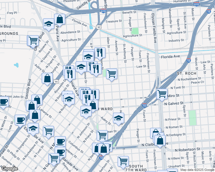map of restaurants, bars, coffee shops, grocery stores, and more near 2309 New Orleans Street in New Orleans