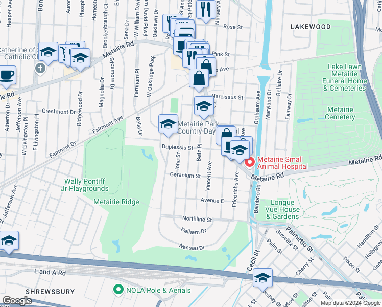 map of restaurants, bars, coffee shops, grocery stores, and more near 419 Hector Avenue in Metairie