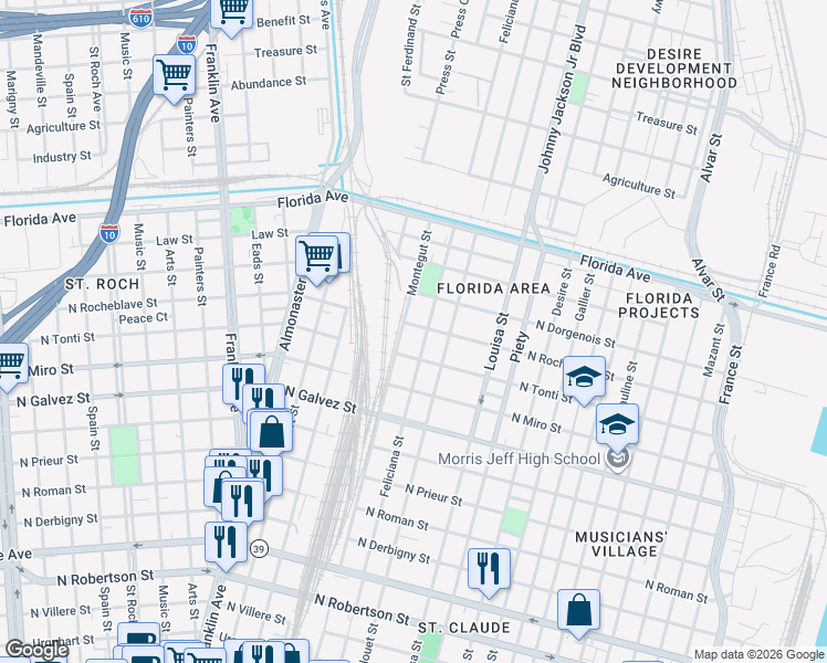 map of restaurants, bars, coffee shops, grocery stores, and more near 2301 Montegut Street in New Orleans