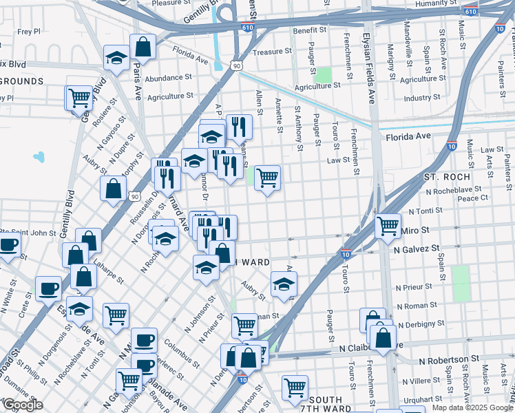 map of restaurants, bars, coffee shops, grocery stores, and more near 2309 New Orleans Street in New Orleans