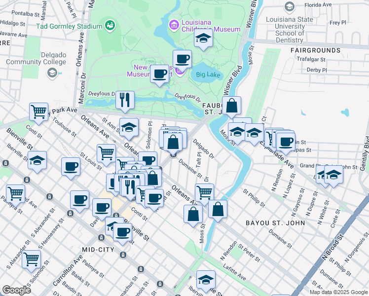 map of restaurants, bars, coffee shops, grocery stores, and more near 931 Picheloup Place in New Orleans