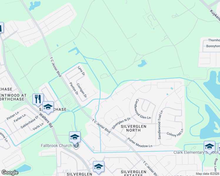 map of restaurants, bars, coffee shops, grocery stores, and more near 3206 Silverchase Meadows Drive in Houston