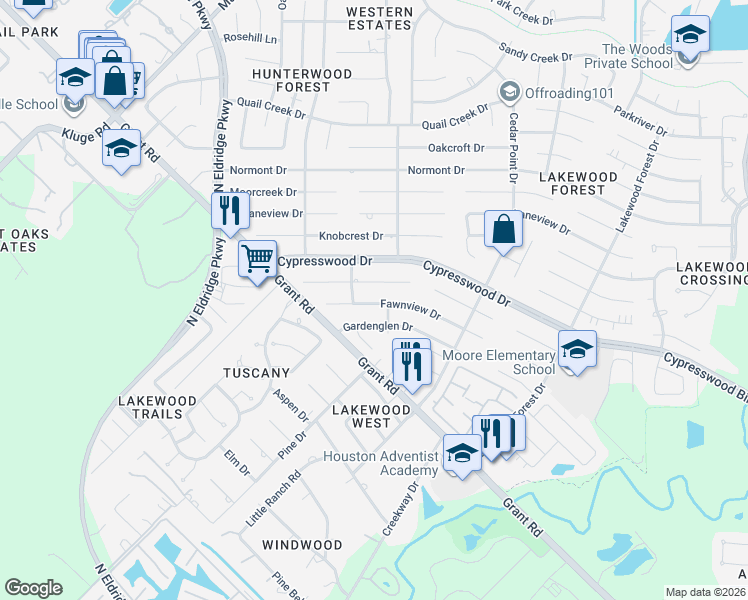 map of restaurants, bars, coffee shops, grocery stores, and more near 12002 Gardenglen Drive in Houston