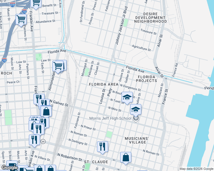 map of restaurants, bars, coffee shops, grocery stores, and more near 2401 Piety Street in New Orleans